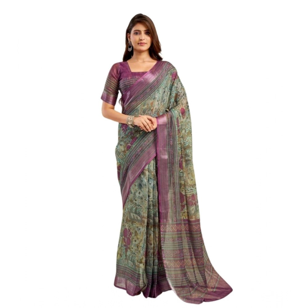 Women's Faux Linen Printed Ready to wear Saree With Unstitched Blouse 5.5Mtr (Multicolor)