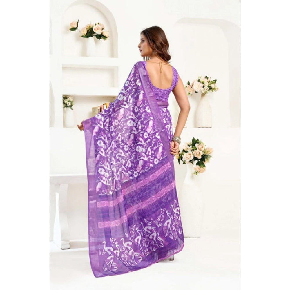 Women's Faux Linen Floral Print Ready to wear Saree With Unstitched Blouse 5.5Mtr (Purple)