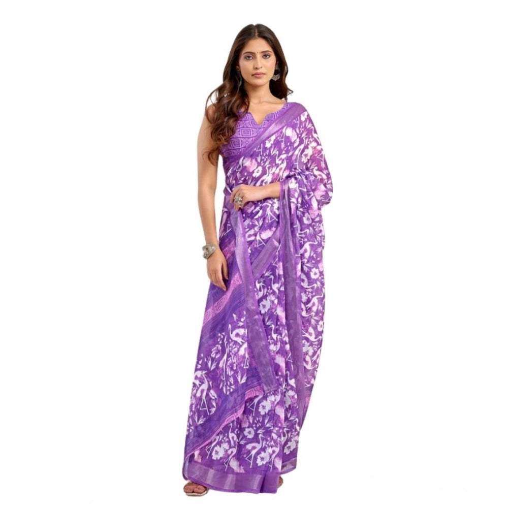 Women's Faux Linen Floral Print Ready to wear Saree With Unstitched Blouse 5.5Mtr (Purple)