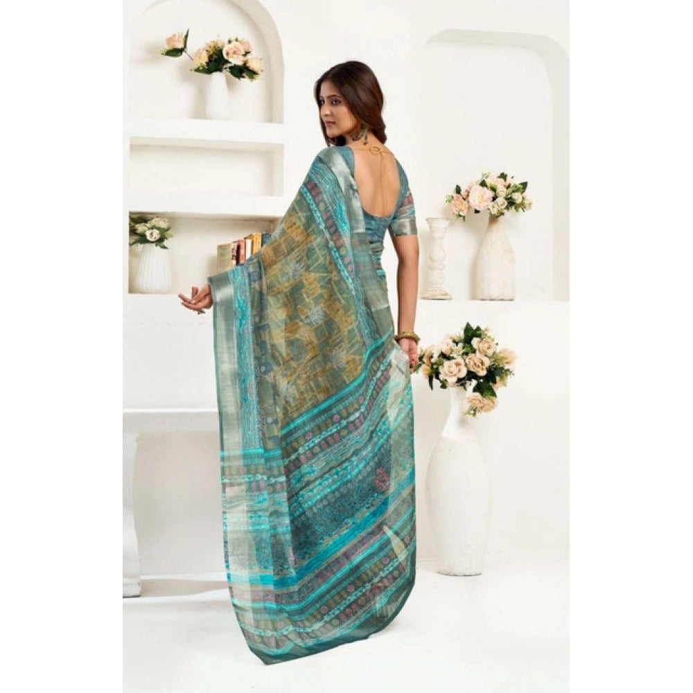 Women's Faux Linen Printed Ready to wear Saree With Unstitched Blouse 5.5Mtr (Multicolor)