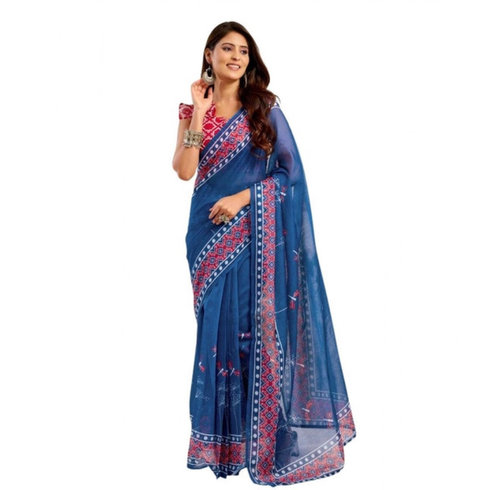 Women's Faux Linen Floral Print Ready to wear Saree With Unstitched Blouse 5.5Mtr (Blue)
