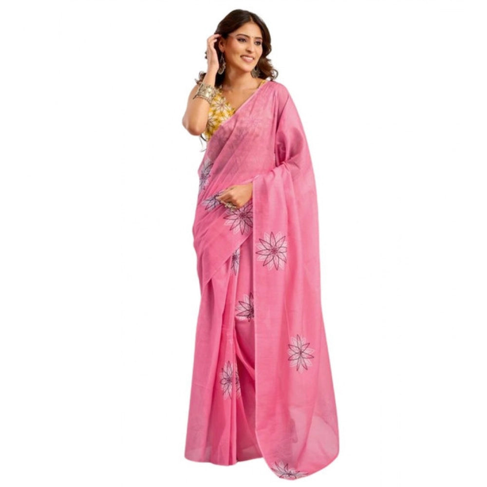 Women's Faux Linen Floral Print Ready to wear Saree With Unstitched Blouse 5.5Mtr (Pink)