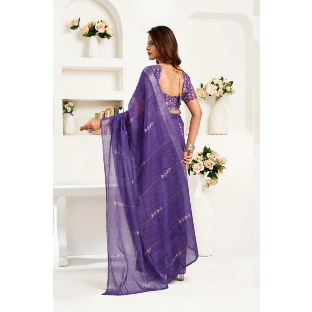Women's Faux Linen Geometric Print Ready to wear Saree With Unstitched Blouse 5.5Mtr (Purple)