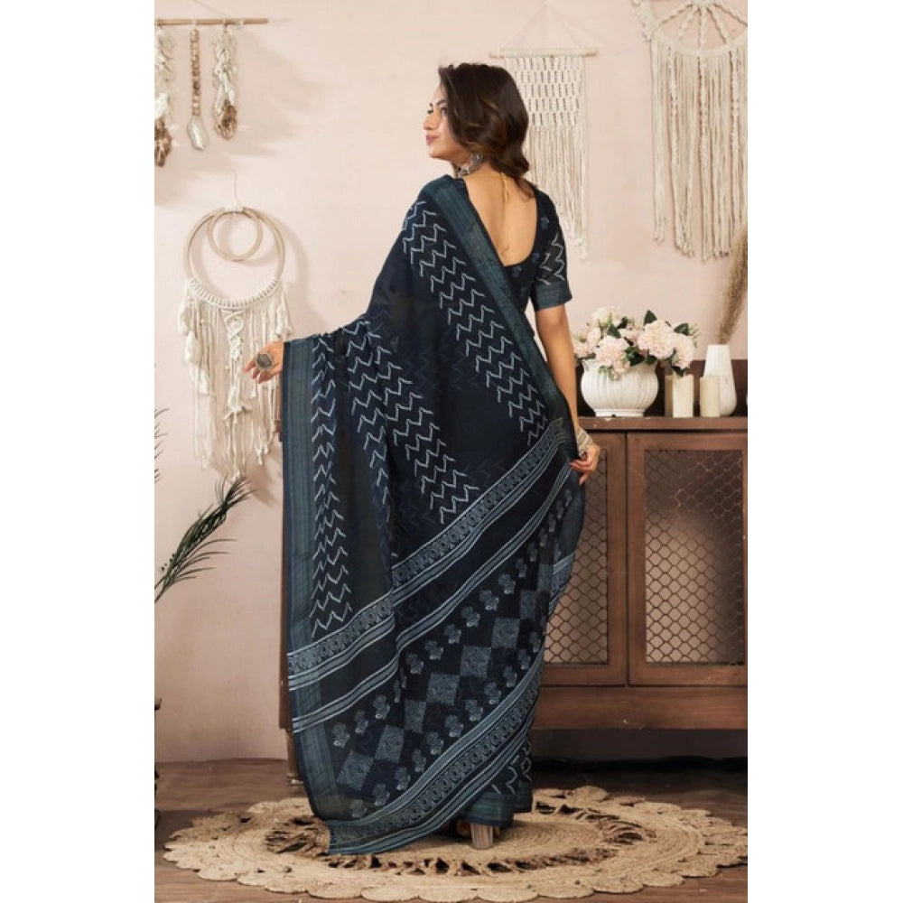 Women's Faux Linen Geometric Print Ready to wear Saree With Unstitched Blouse 5.5Mtr (Black)