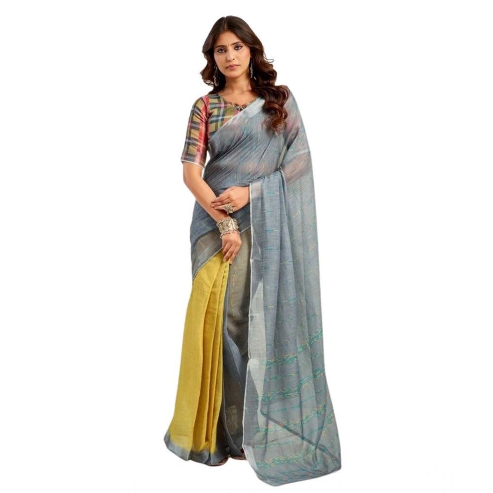 Women's Faux Linen Geometric Ready to wear Saree With Unstitched Blouse 5.5Mtr (Grey)