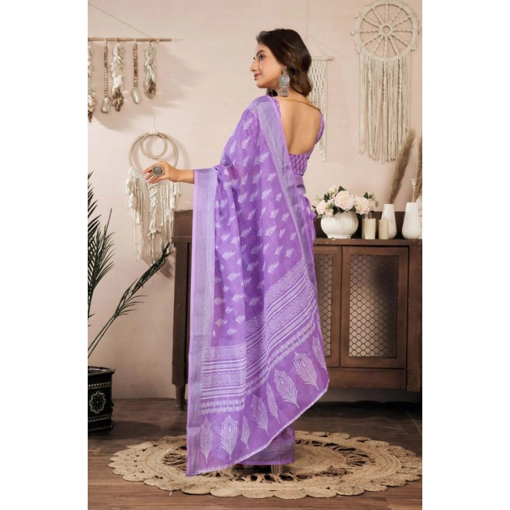 Women's Faux Linen Floral Ready to wear Saree With Unstitched Blouse 5.5Mtr (Lavender)