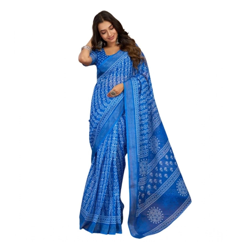 Women's Faux Linen Geometric Print Ready to wear Saree With Unstitched Blouse 5.5Mtr (Blue)