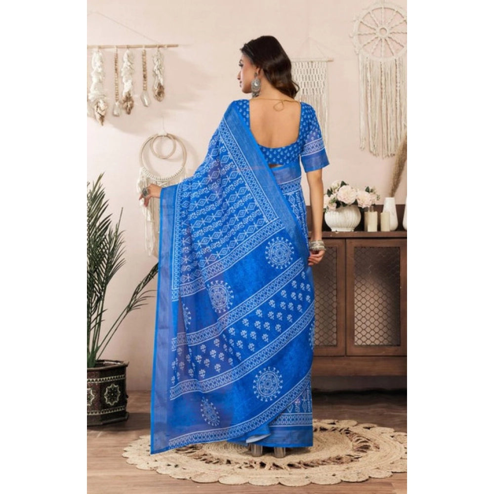 Women's Faux Linen Geometric Print Ready to wear Saree With Unstitched Blouse 5.5Mtr (Blue)