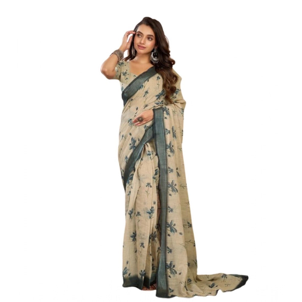 Women's Faux Linen Floral Print Ready to wear Saree With Unstitched Blouse 5.5Mtr (LightBeige)