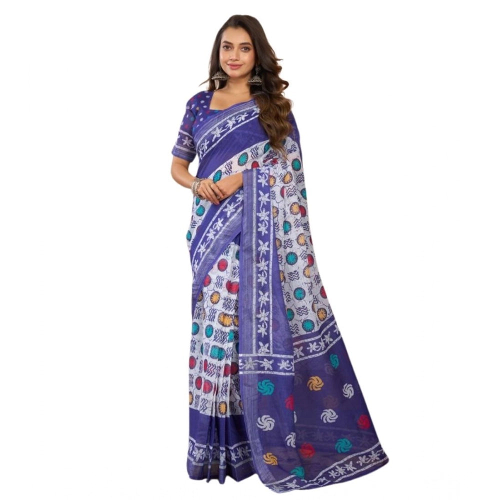 Women's Faux Linen Geometric Print Ready to wear Saree With Unstitched Blouse 5.5Mtr (Blue)