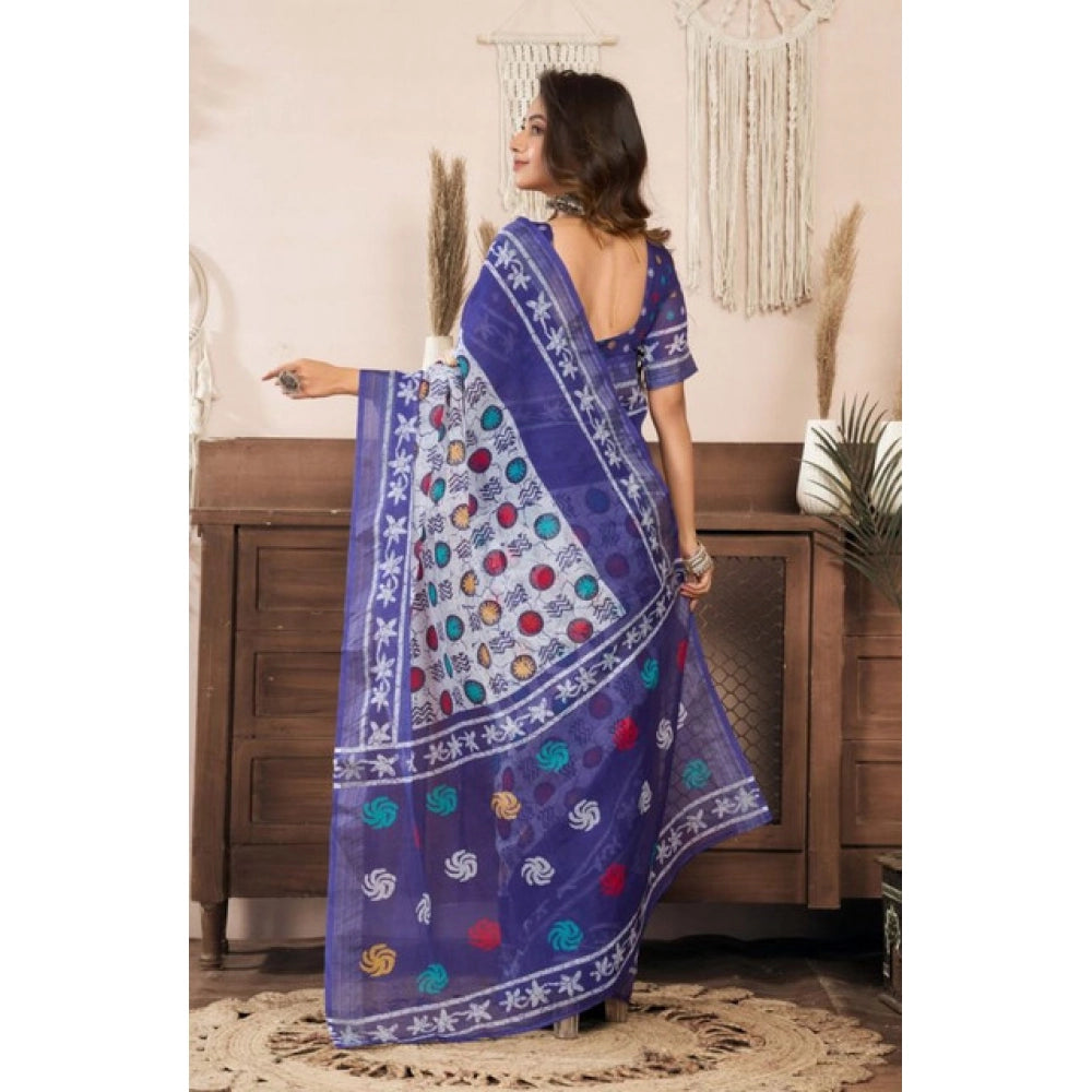 Women's Faux Linen Geometric Print Ready to wear Saree With Unstitched Blouse 5.5Mtr (Blue)