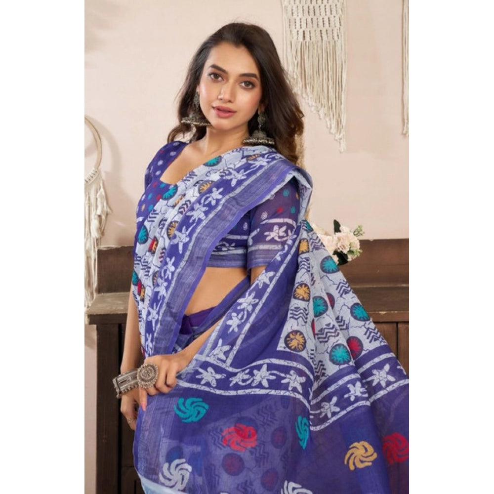 Women's Faux Linen Geometric Print Ready to wear Saree With Unstitched Blouse 5.5Mtr (Blue)