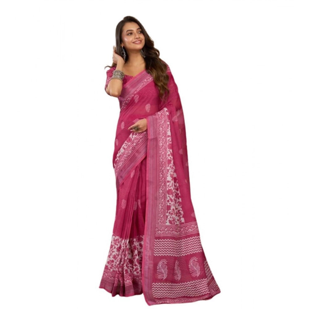 Women's Faux Linen Floral Print Ready to wear Saree With Unstitched Blouse 5.5Mtr (Pink)