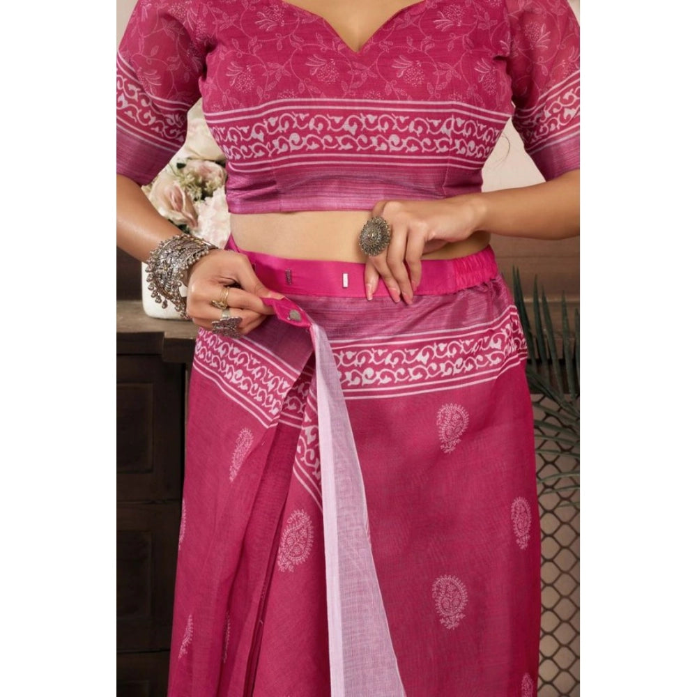 Women's Faux Linen Floral Print Ready to wear Saree With Unstitched Blouse 5.5Mtr (Pink)