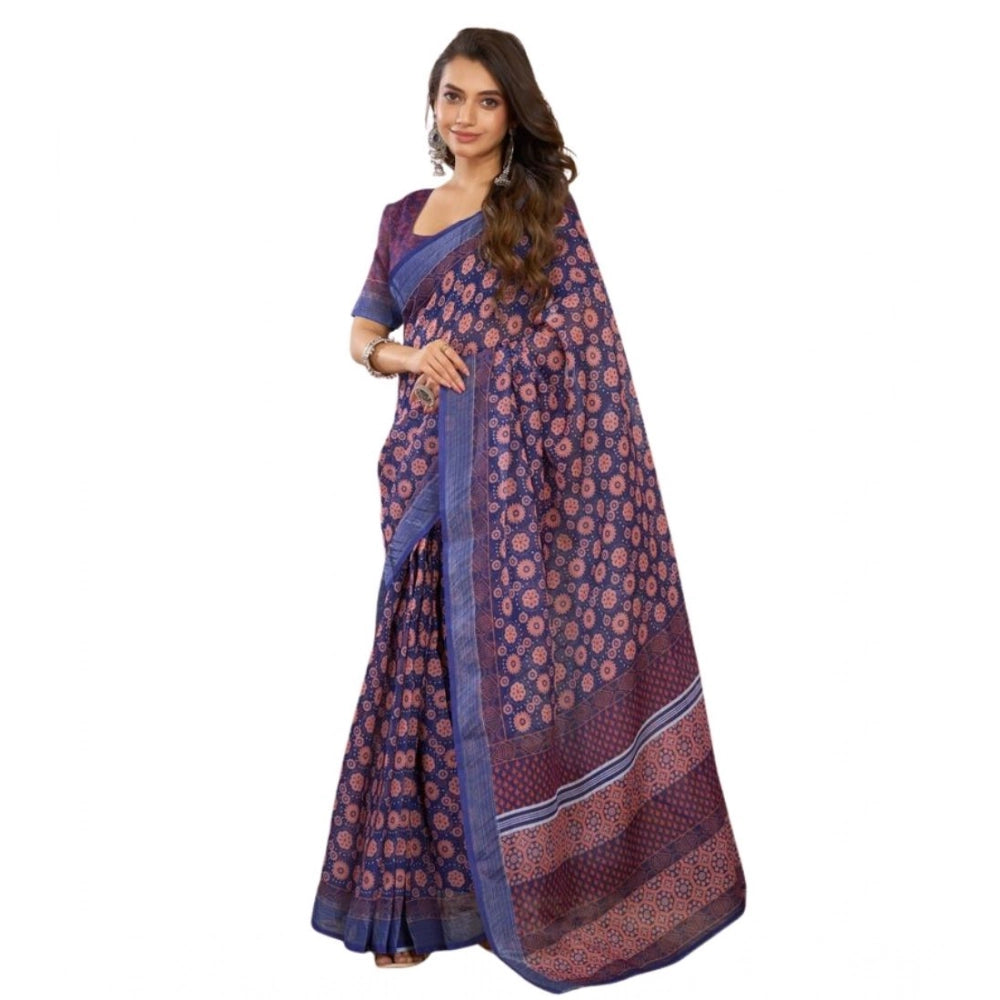 Women's Faux Linen Floral Print Ready to wear Saree With Unstitched Blouse 5.5Mtr (Dark_NavyBlue)