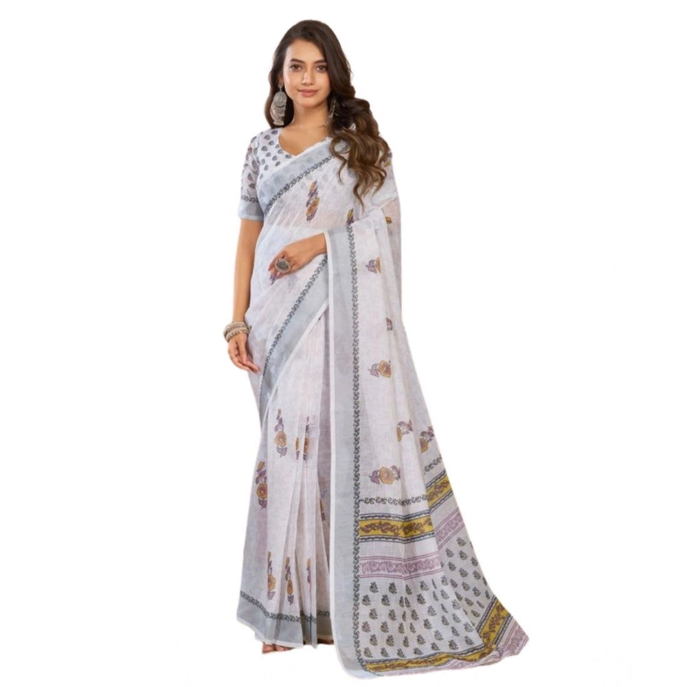 Women's Faux Linen Floral Print Ready to wear Saree With Unstitched Blouse 5.5Mtr (Off_White)