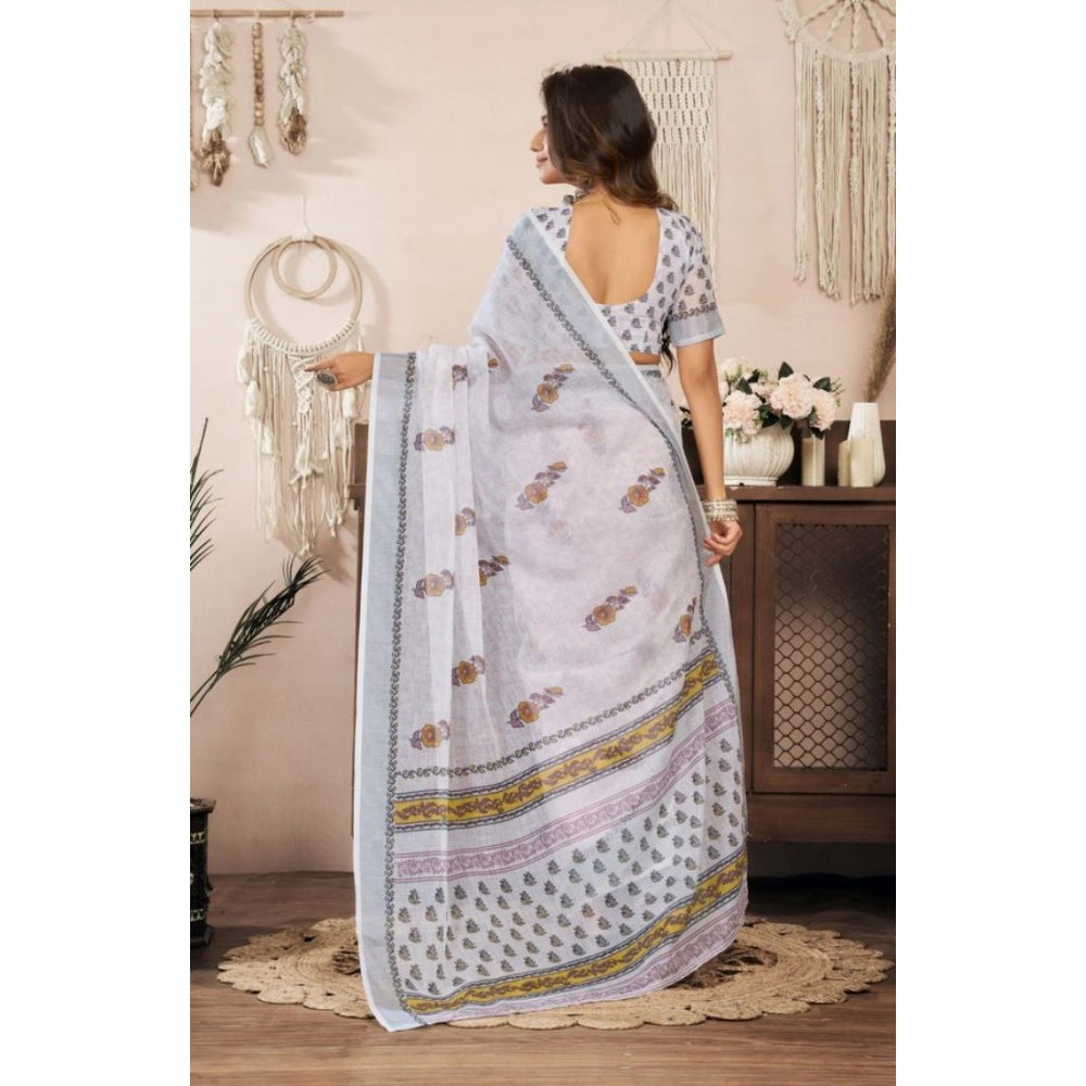 Women's Faux Linen Floral Print Ready to wear Saree With Unstitched Blouse 5.5Mtr (Off_White)