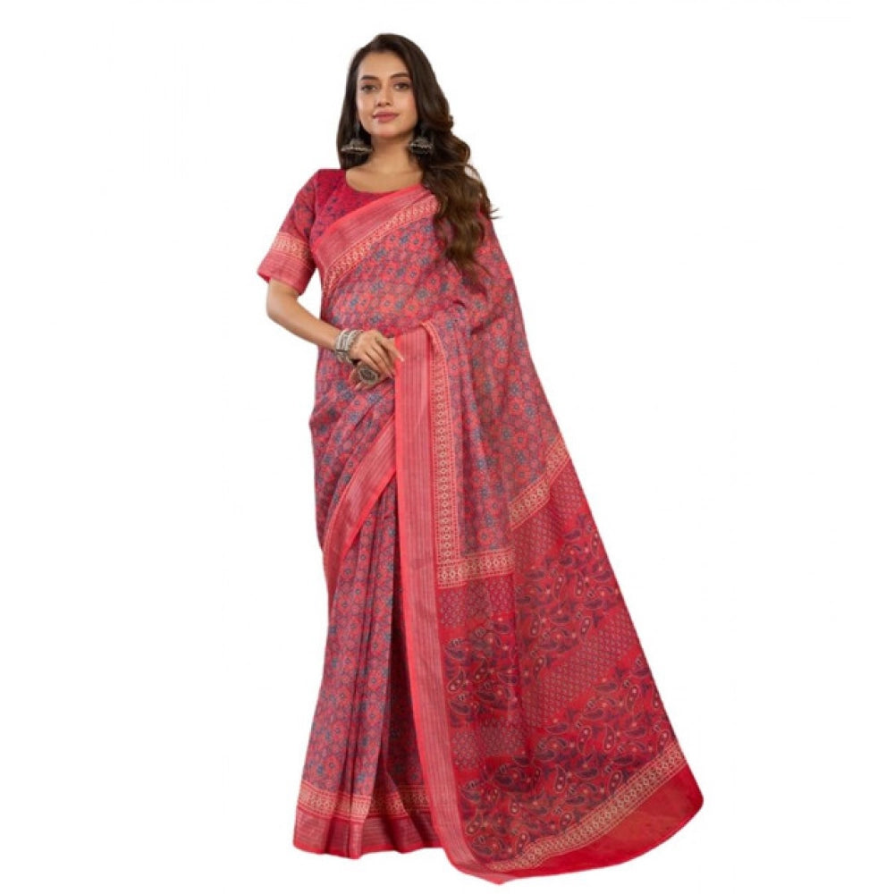 Women's Faux Linen Geometric Print Ready to wear Saree With Unstitched Blouse 5.5Mtr (Red)