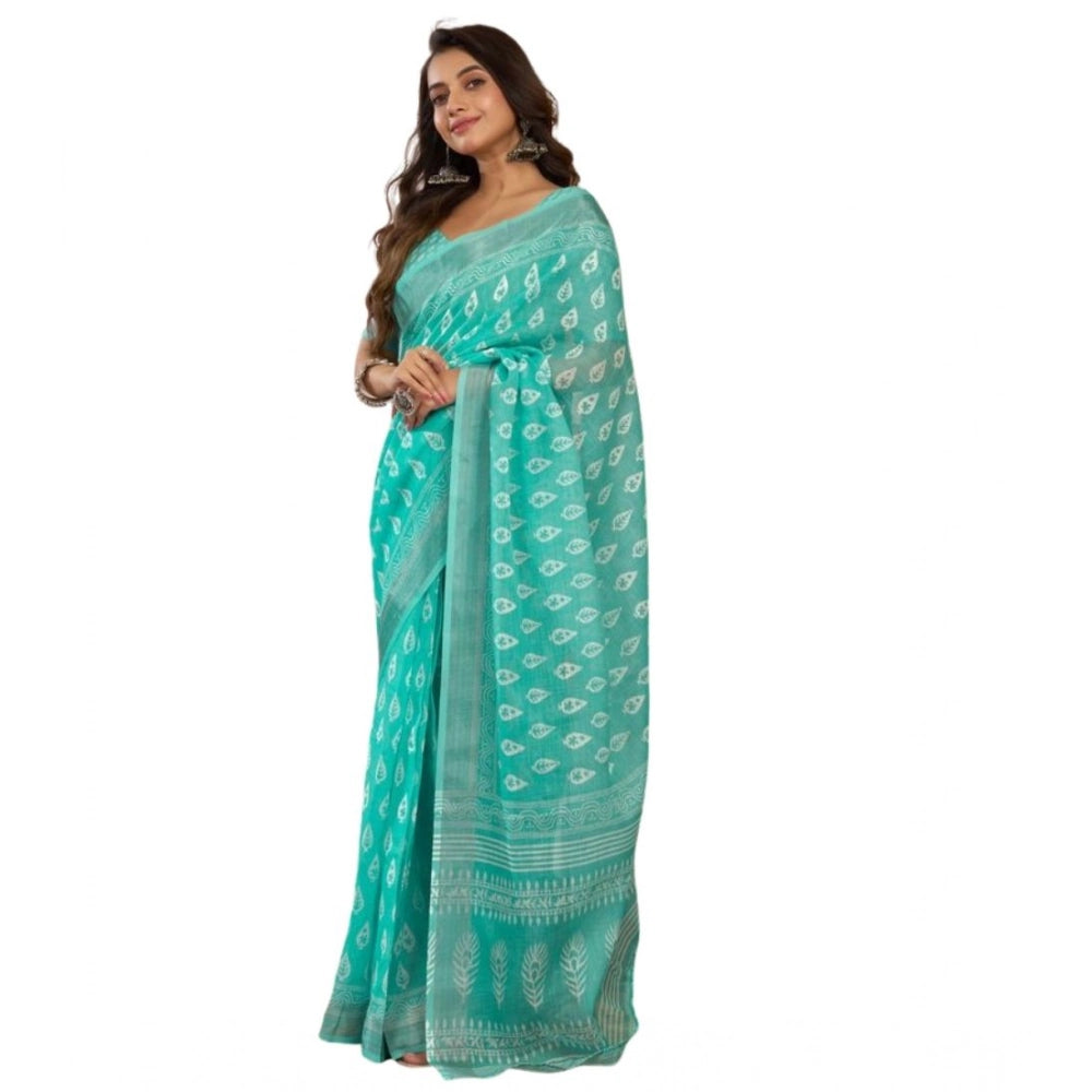 Women's Faux Linen Leaf Print Ready to wear Saree With Unstitched Blouse 5.5Mtr (SeaGreen)
