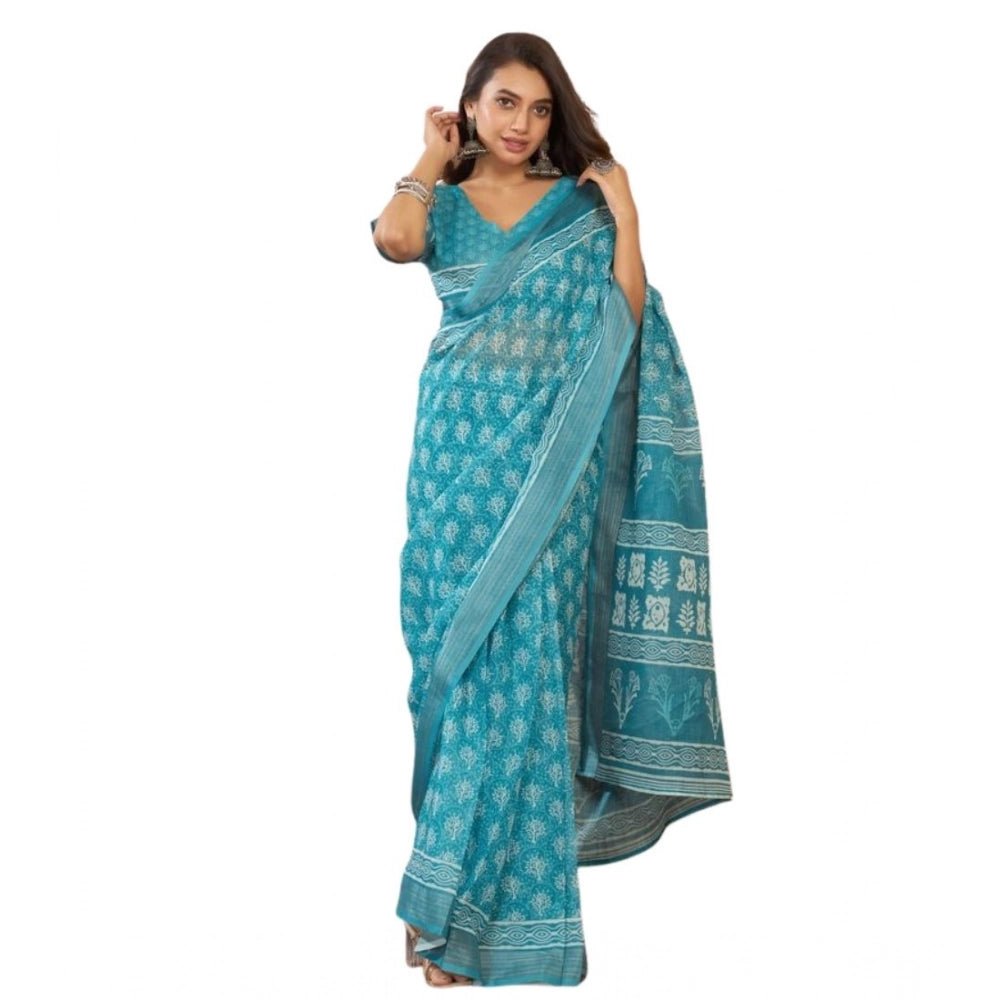 Women's Faux Linen Floral Print Ready to wear Saree With Unstitched Blouse 5.5Mtr (AquaBlue)