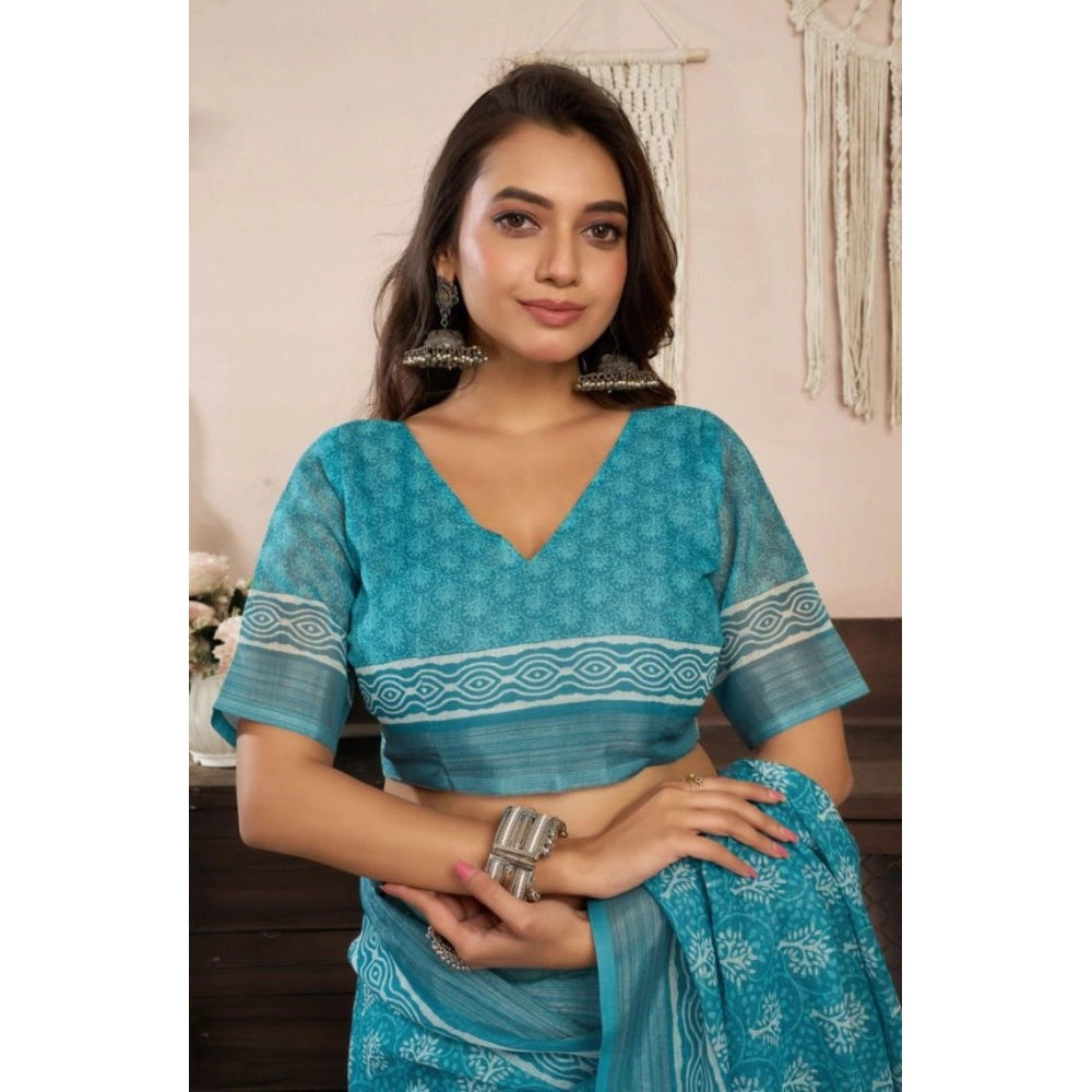 Women's Faux Linen Floral Print Ready to wear Saree With Unstitched Blouse 5.5Mtr (AquaBlue)