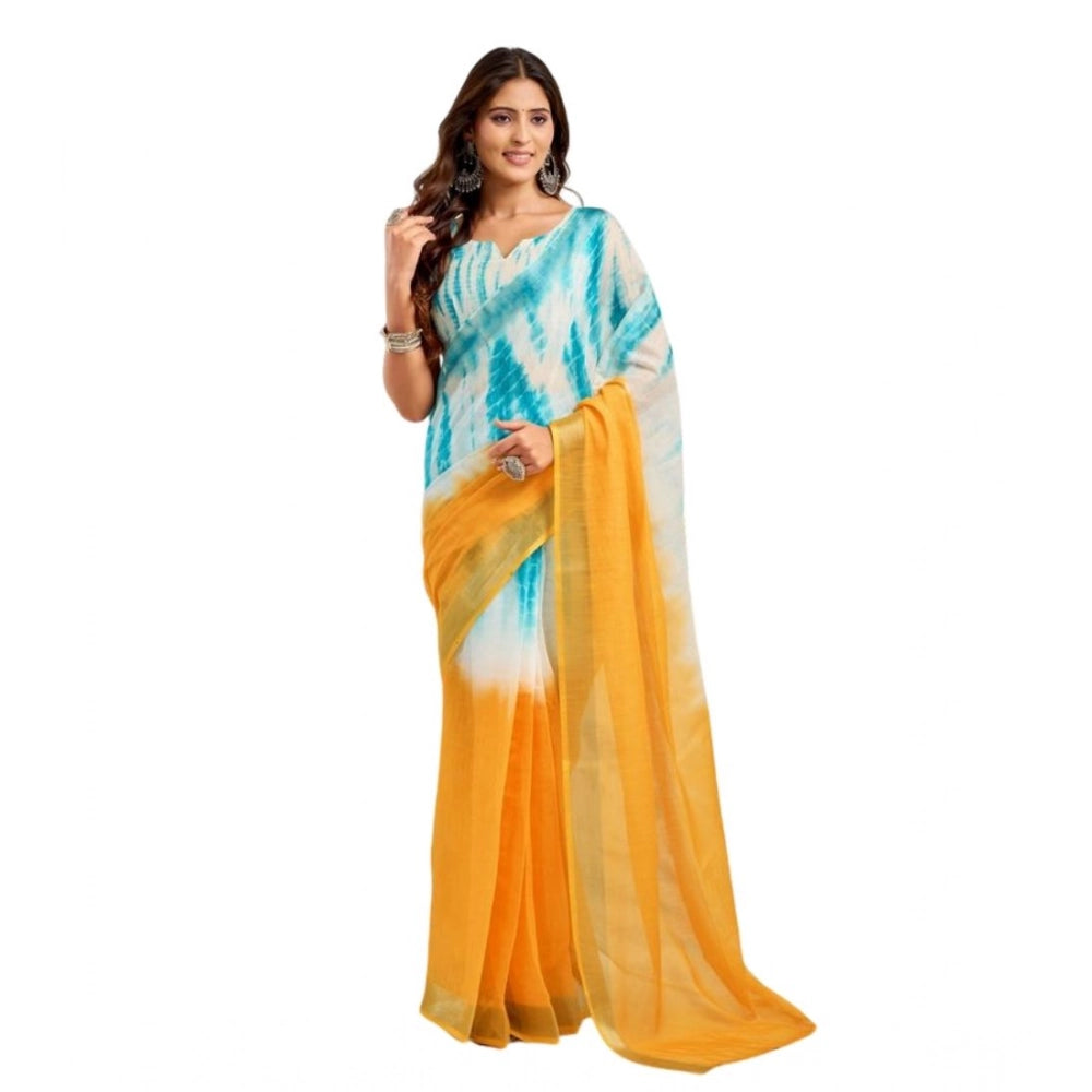 Women's Faux Linen Abstract Print Ready to wear Saree With Unstitched Blouse 5.5Mtr (Multicolor)