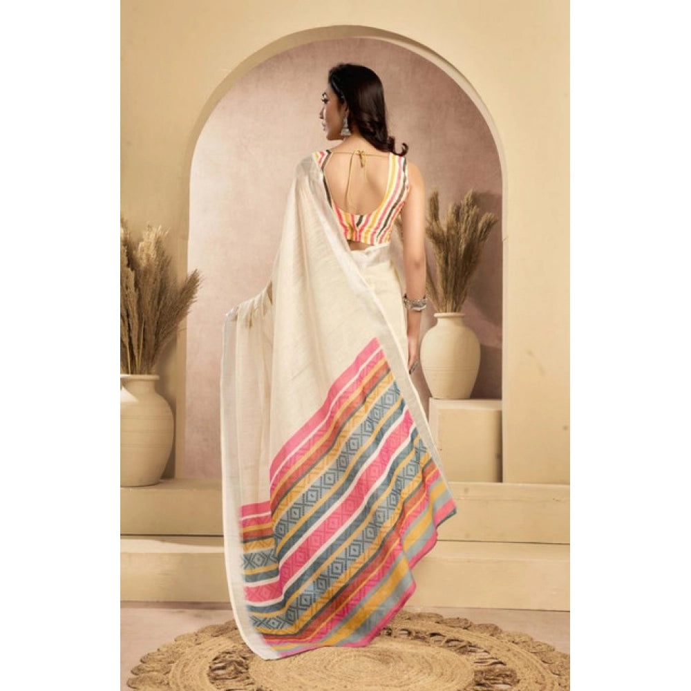 Women's Faux Linen Floral Print Ready to wear Saree With Unstitched Blouse 5.5Mtr (Cream)