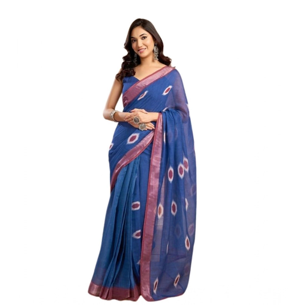Women's Faux Linen Printed Ready to wear Saree With Unstitched Blouse 5.5Mtr (Blue)