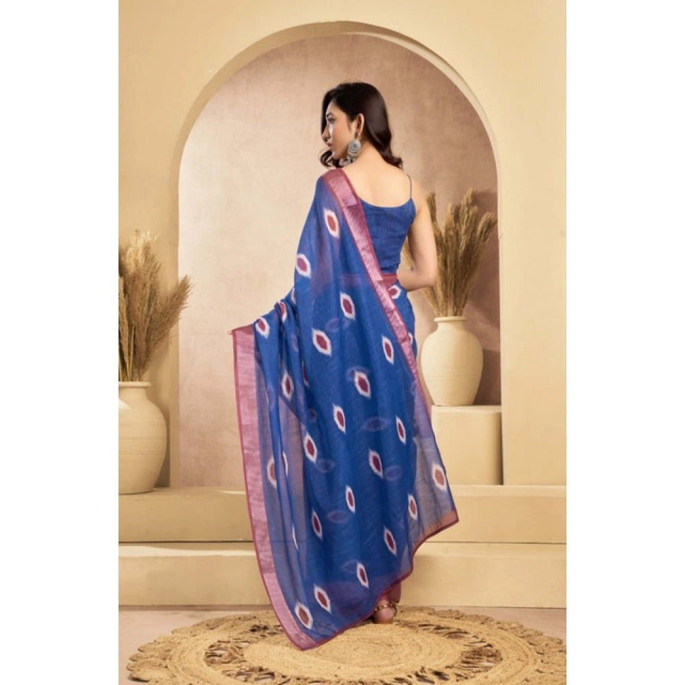 Women's Faux Linen Printed Ready to wear Saree With Unstitched Blouse 5.5Mtr (Blue)