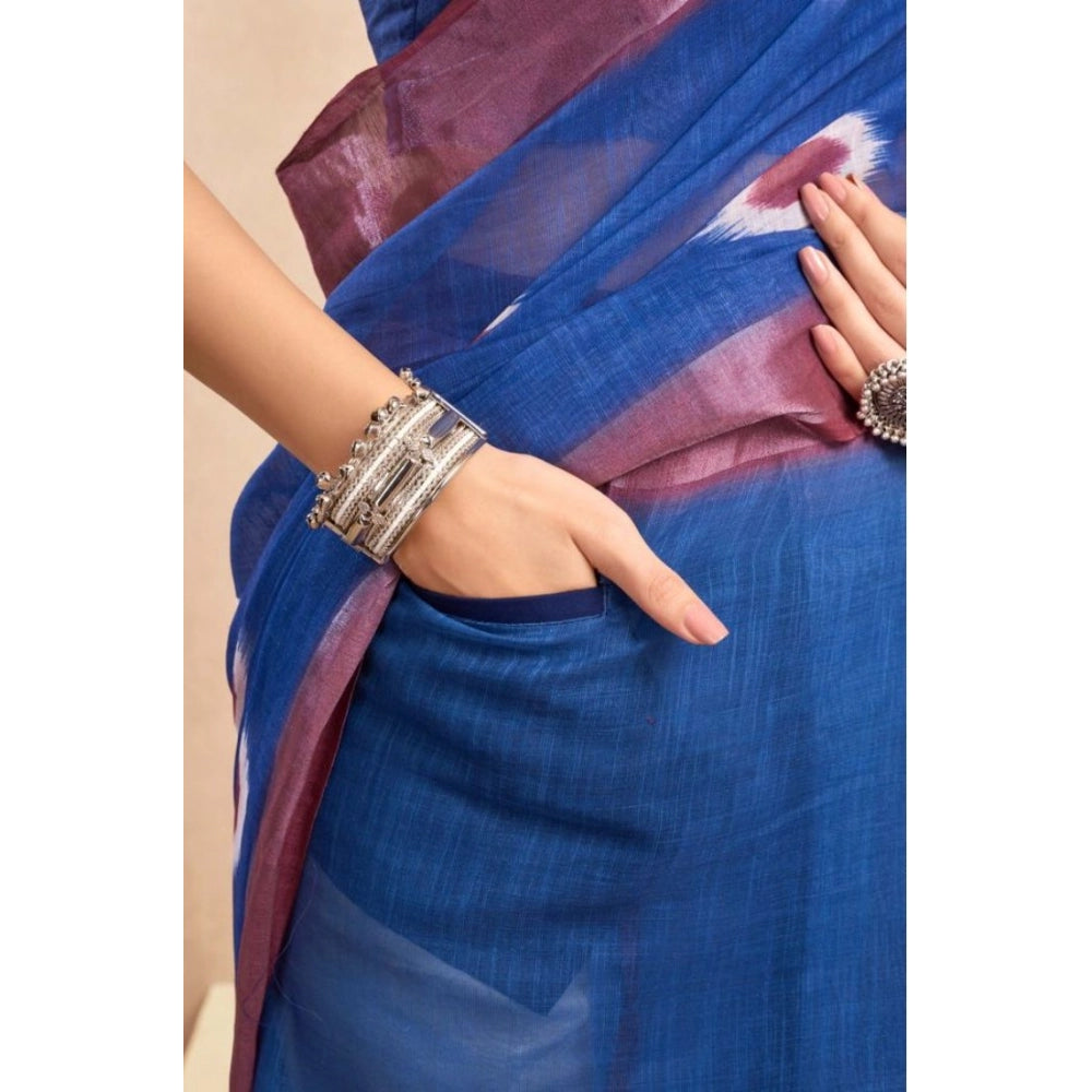 Women's Faux Linen Printed Ready to wear Saree With Unstitched Blouse 5.5Mtr (Blue)