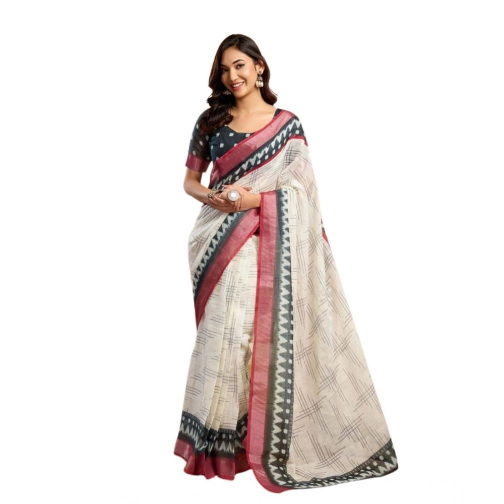 Women's Faux Linen Floral Print Ready to wear Saree With Unstitched Blouse 5.5Mtr (OffWhite)