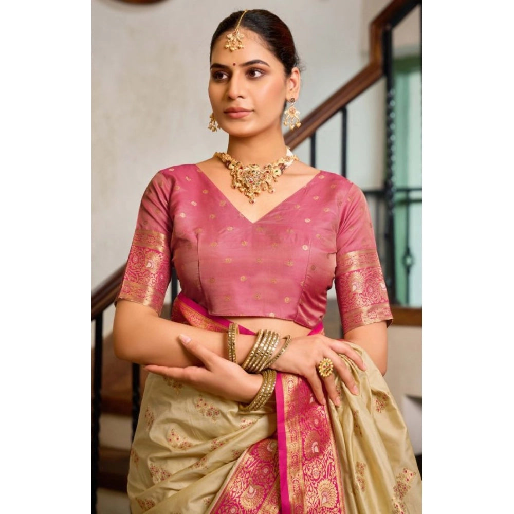 Women's Silk Blend Booti Work Ready to wear Saree With Unstitched Blouse 5.5Mtr (LightBeige)