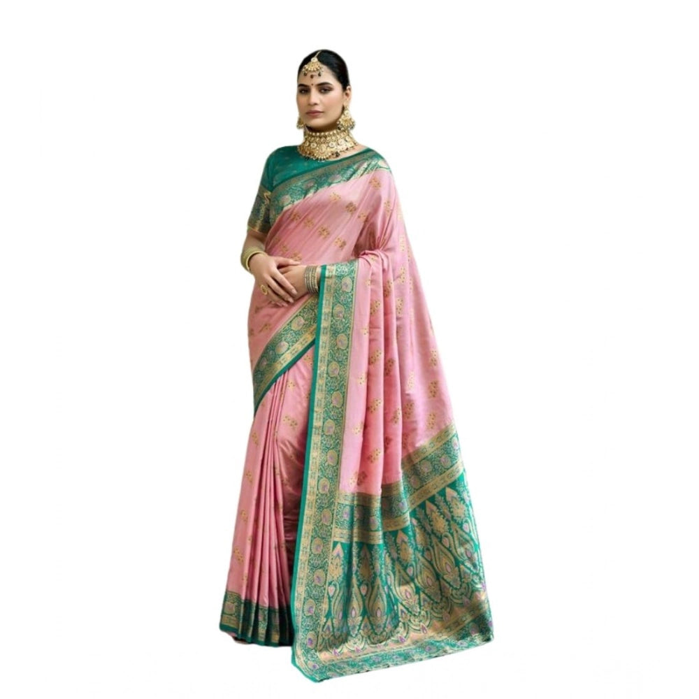 Women's Silk Blend Booti Work Ready to wear Saree With Unstitched Blouse 5.5Mtr (Peach)