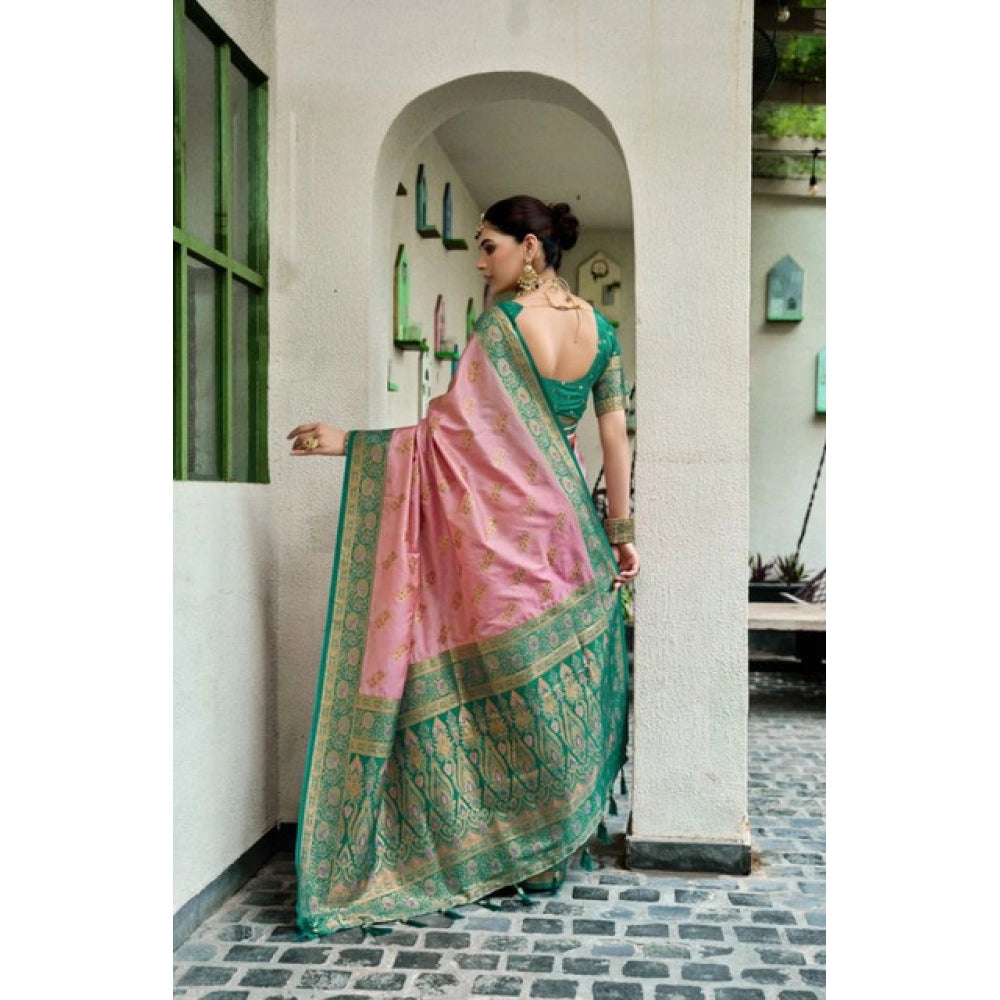 Women's Silk Blend Booti Work Ready to wear Saree With Unstitched Blouse 5.5Mtr (Peach)
