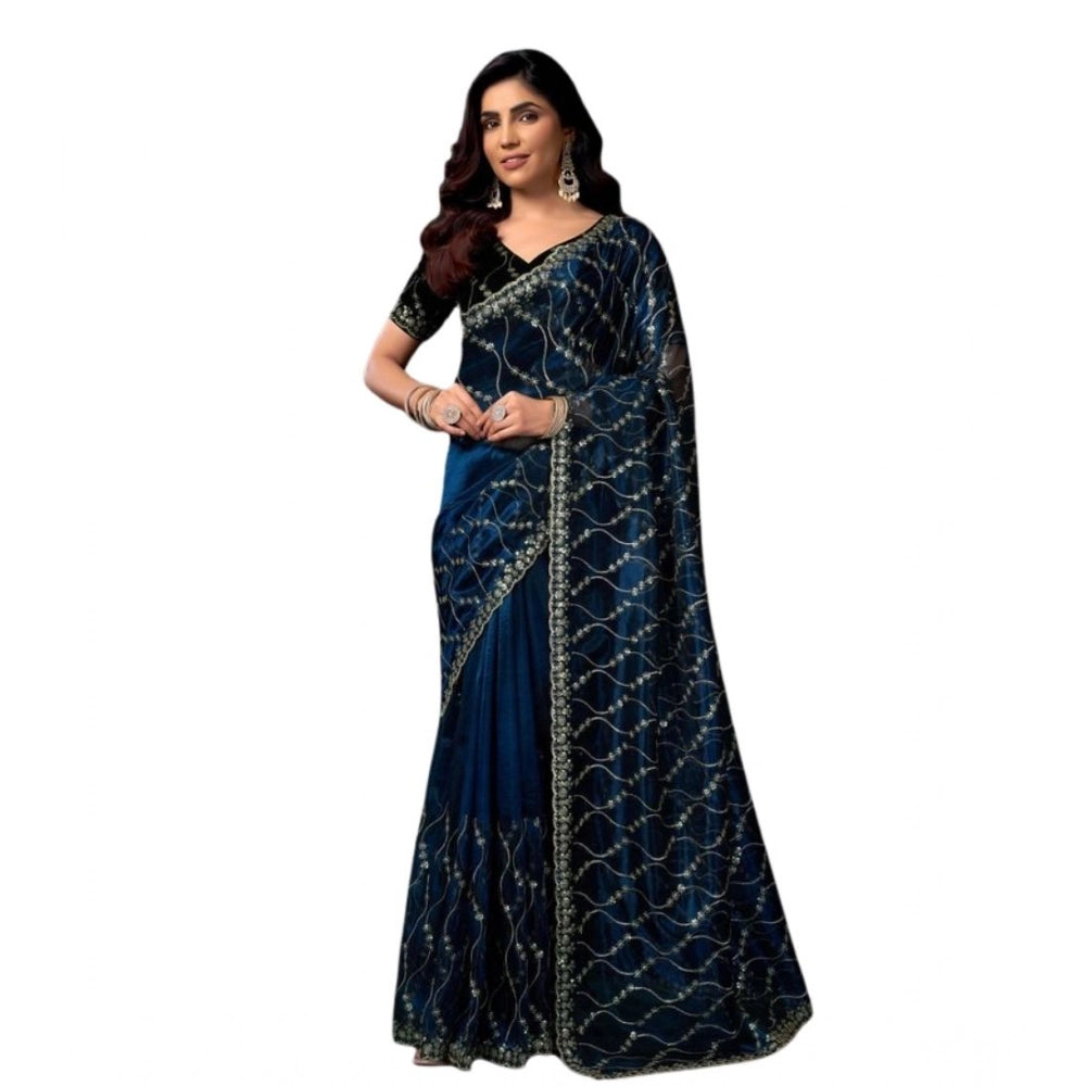Women's Net Sequence Saree With Unstitched Blouse 5.5Mtr (Blue)