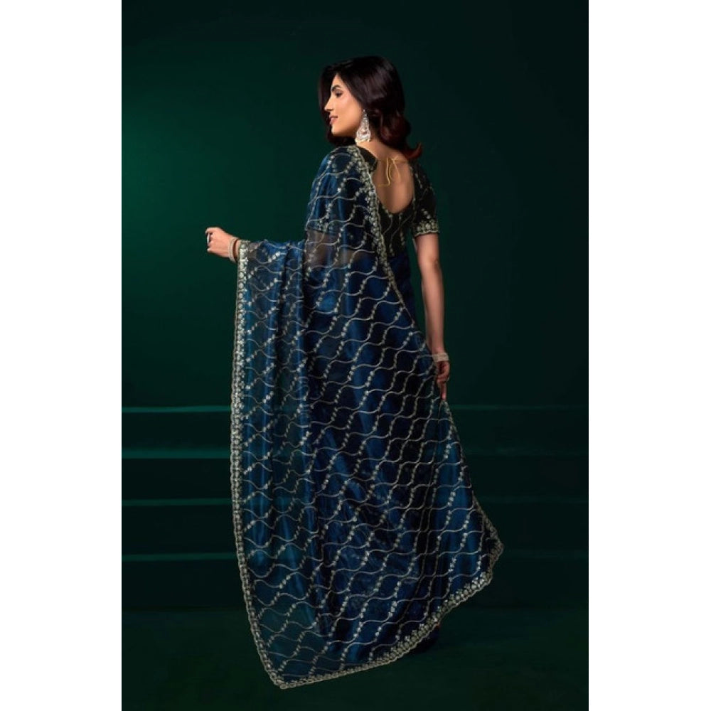Women's Net Sequence Saree With Unstitched Blouse 5.5Mtr (Blue)