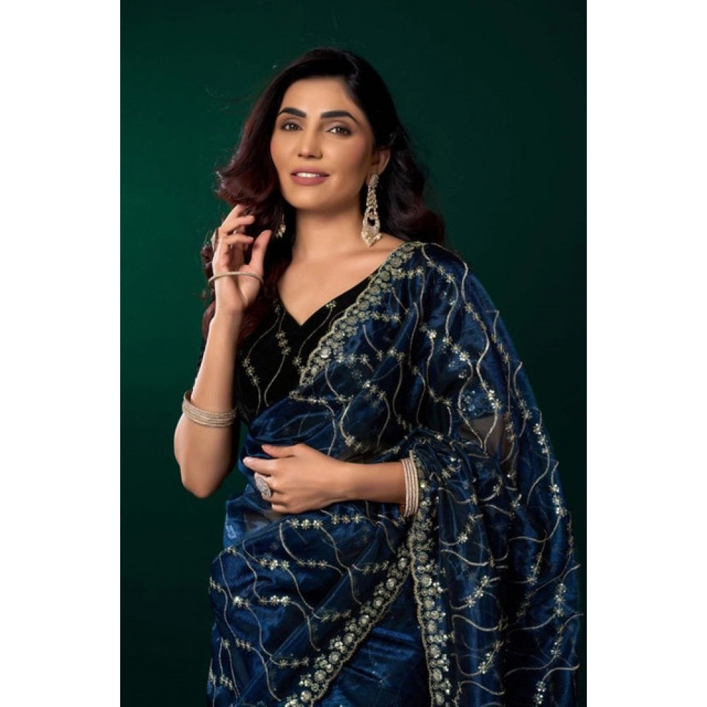 Women's Net Sequence Saree With Unstitched Blouse 5.5Mtr (Blue)