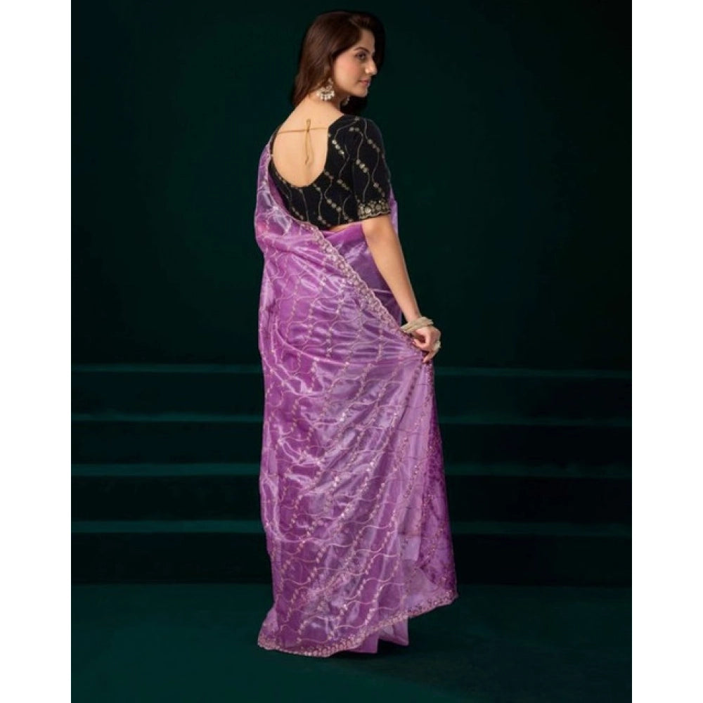 Women's Net Sequence Saree With Unstitched Blouse 5.5Mtr (Lavender)