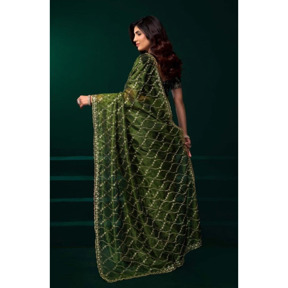 Women's Net Sequence Saree With Unstitched Blouse 5.5Mtr (Light Green)