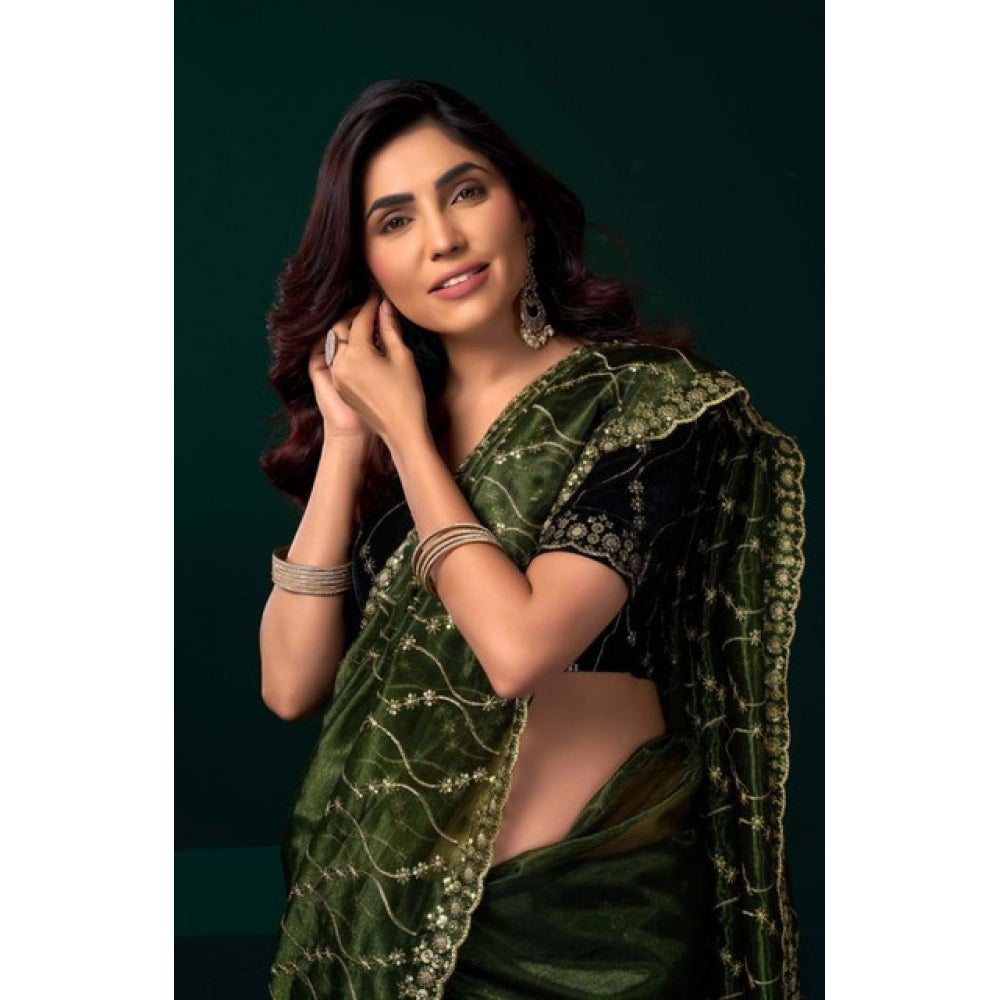 Women's Net Sequence Saree With Unstitched Blouse 5.5Mtr (Light Green)