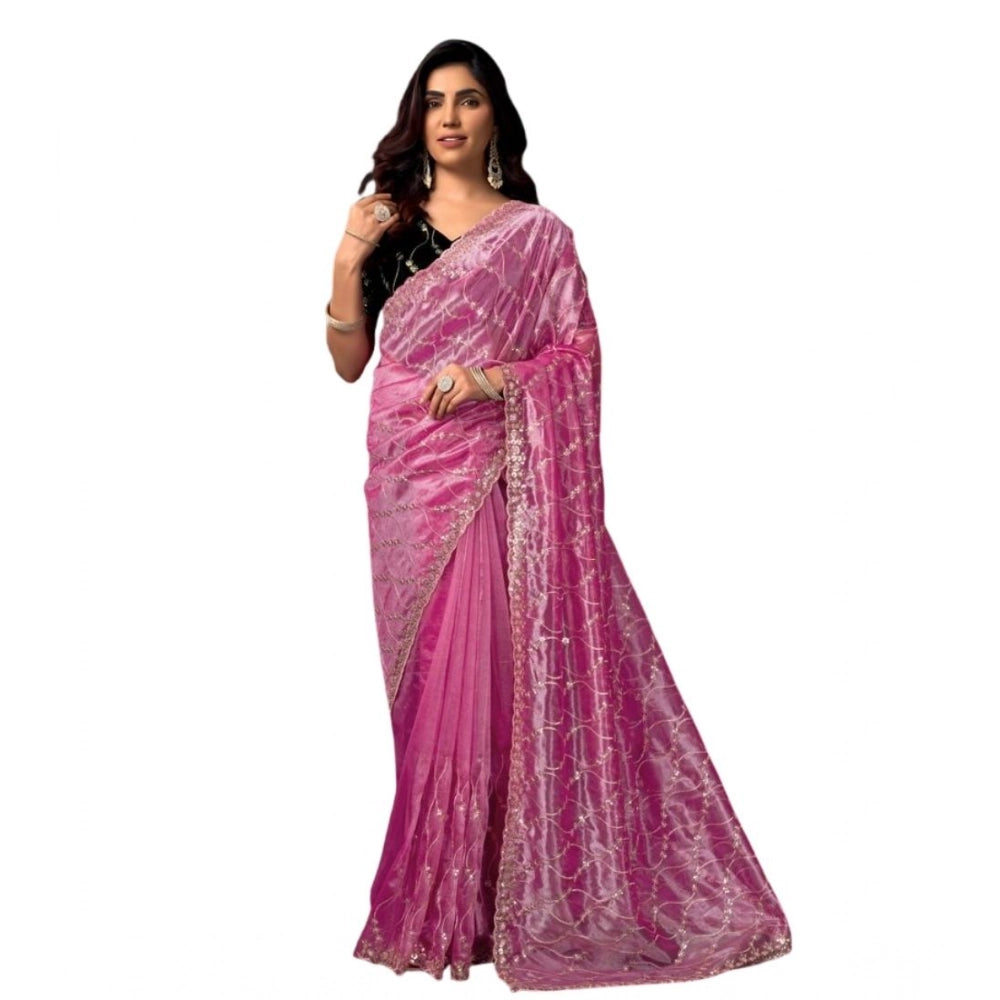 Women's Net Sequence Saree With Unstitched Blouse 5.5Mtr (Light Pink)
