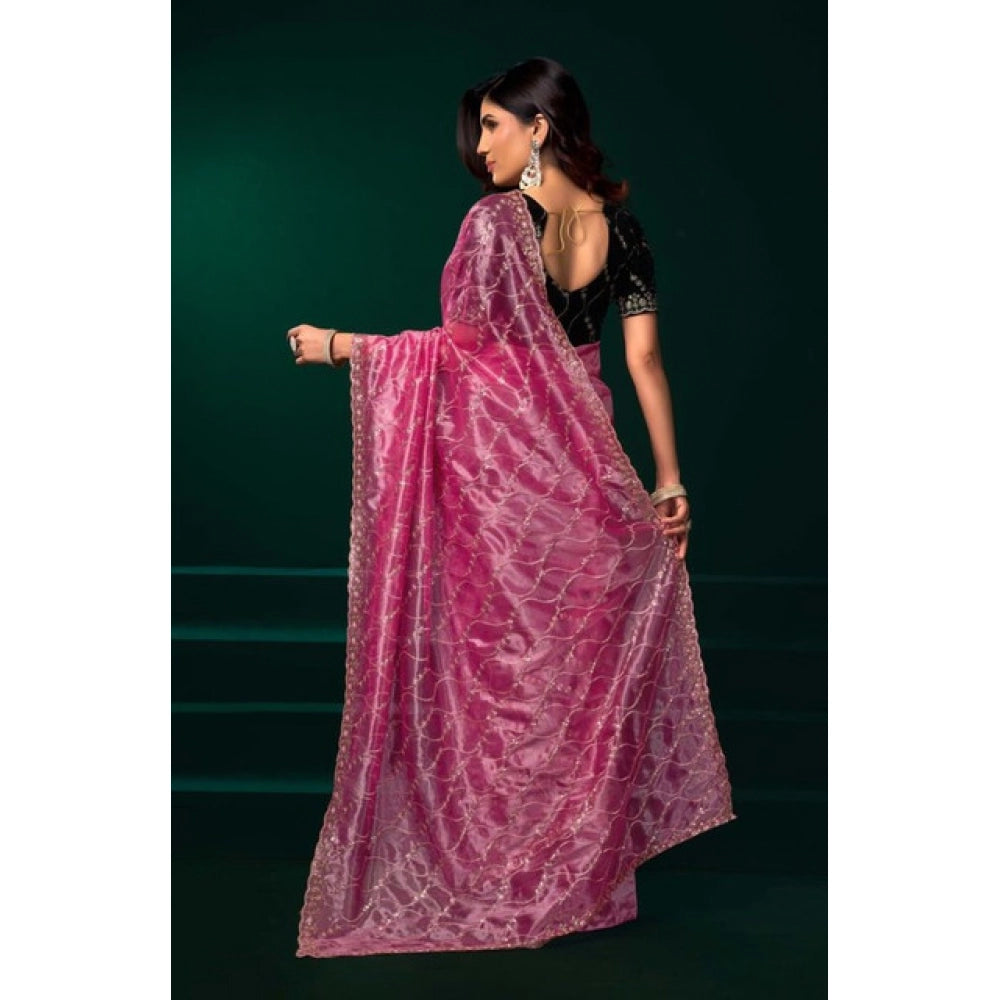 Women's Net Sequence Saree With Unstitched Blouse 5.5Mtr (Light Pink)