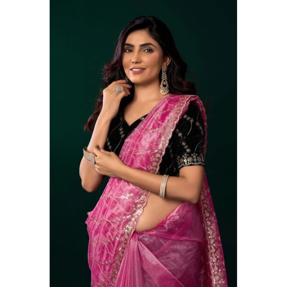 Women's Net Sequence Saree With Unstitched Blouse 5.5Mtr (Light Pink)