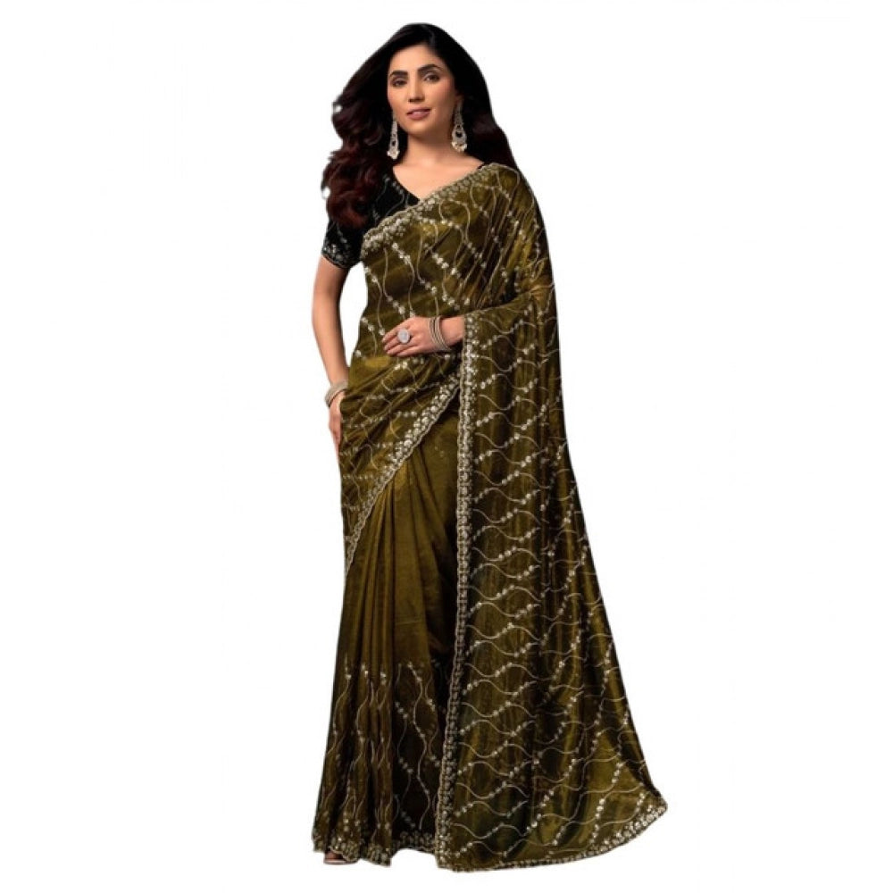Women's Net Sequence Saree With Unstitched Blouse 5.5Mtr (Mahendi)