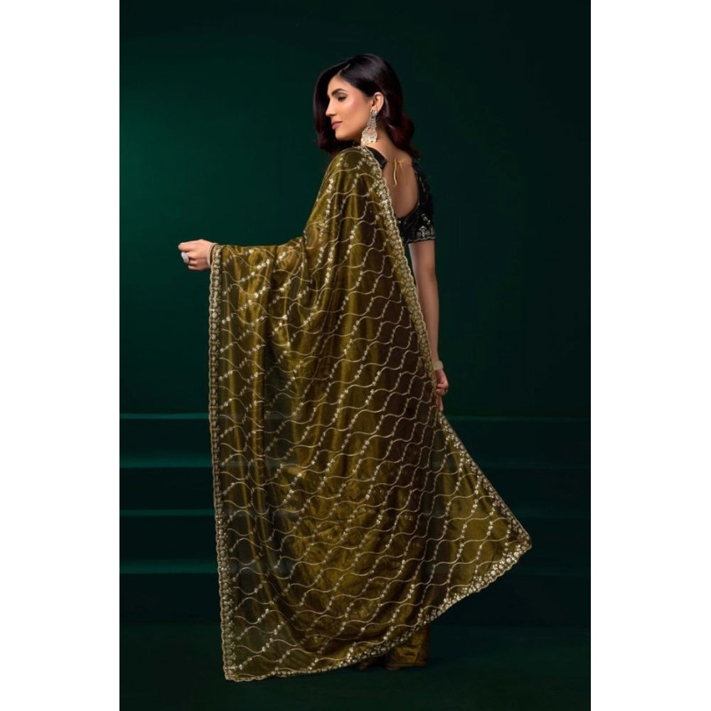Women's Net Sequence Saree With Unstitched Blouse 5.5Mtr (Mahendi)