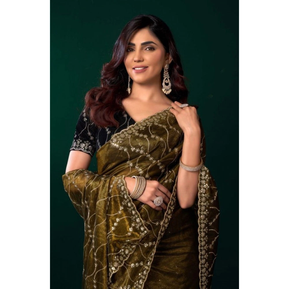 Women's Net Sequence Saree With Unstitched Blouse 5.5Mtr (Mahendi)