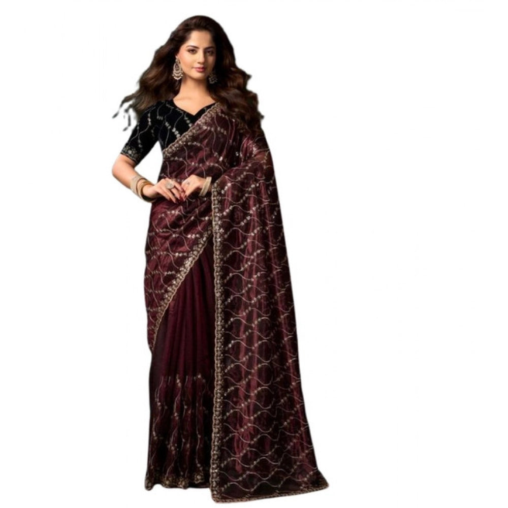 Women's Net Sequence Saree With Unstitched Blouse 5.5Mtr (Maroon)