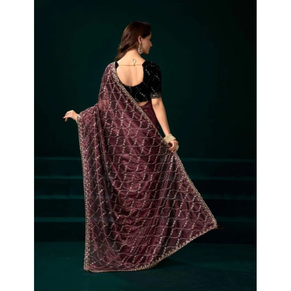 Women's Net Sequence Saree With Unstitched Blouse 5.5Mtr (Maroon)
