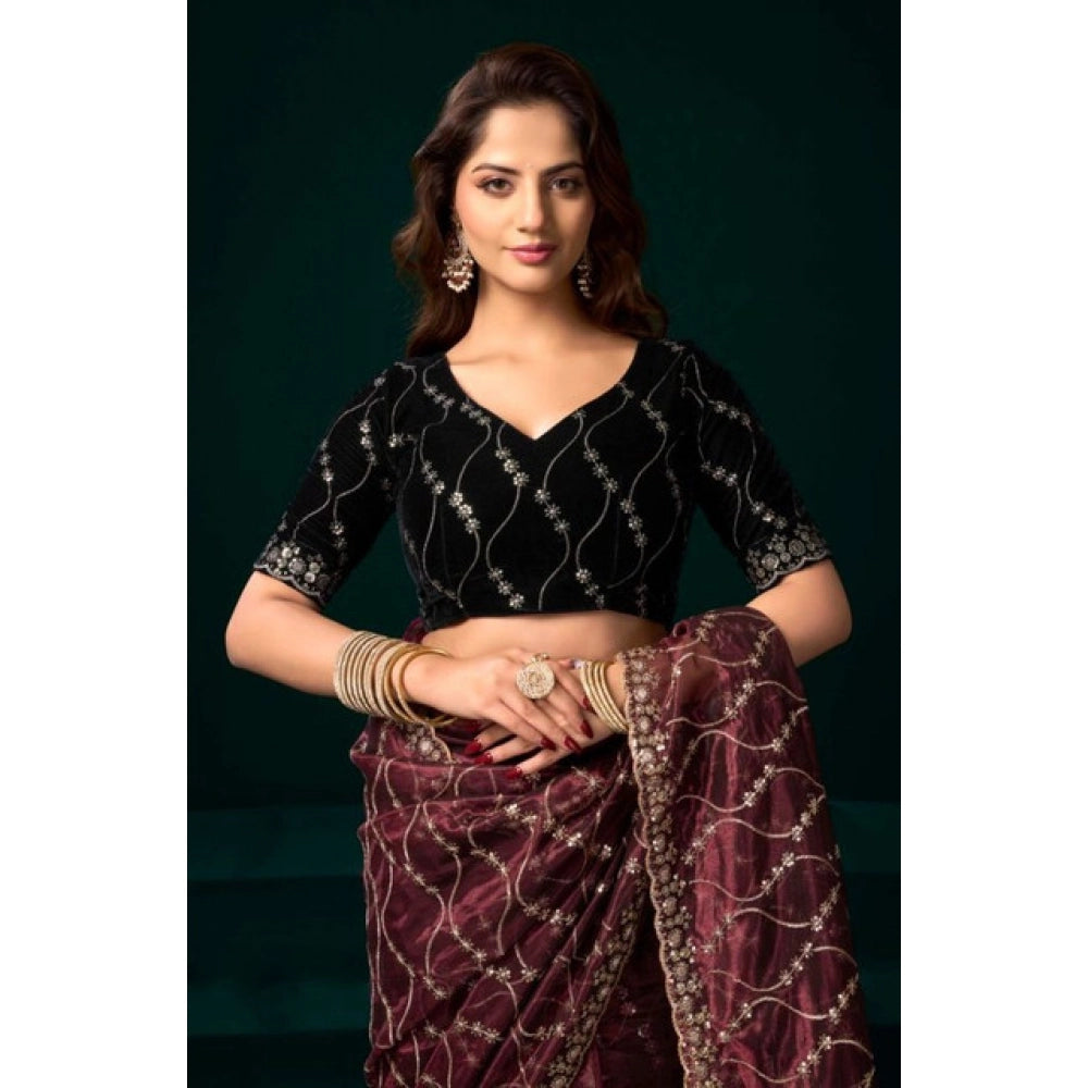 Women's Net Sequence Saree With Unstitched Blouse 5.5Mtr (Maroon)