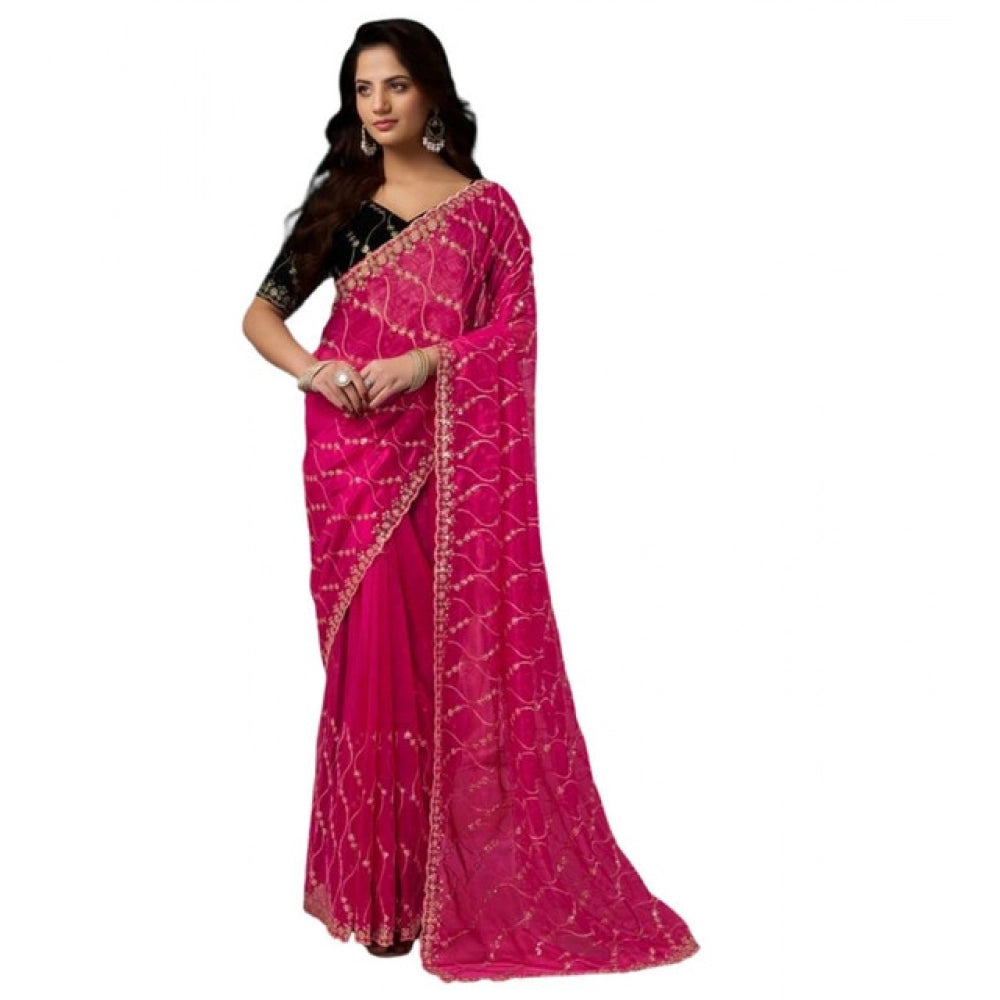 Women's Net Sequence Saree With Unstitched Blouse 5.5Mtr (Pink)